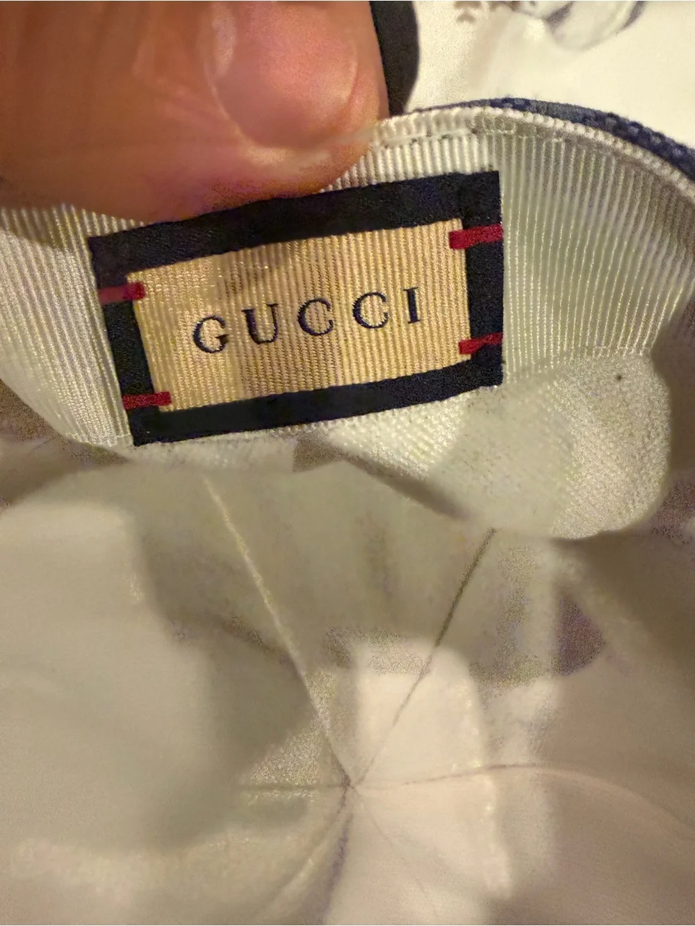 Gucci Cream Satin Hat with Navy and Red Label Accents